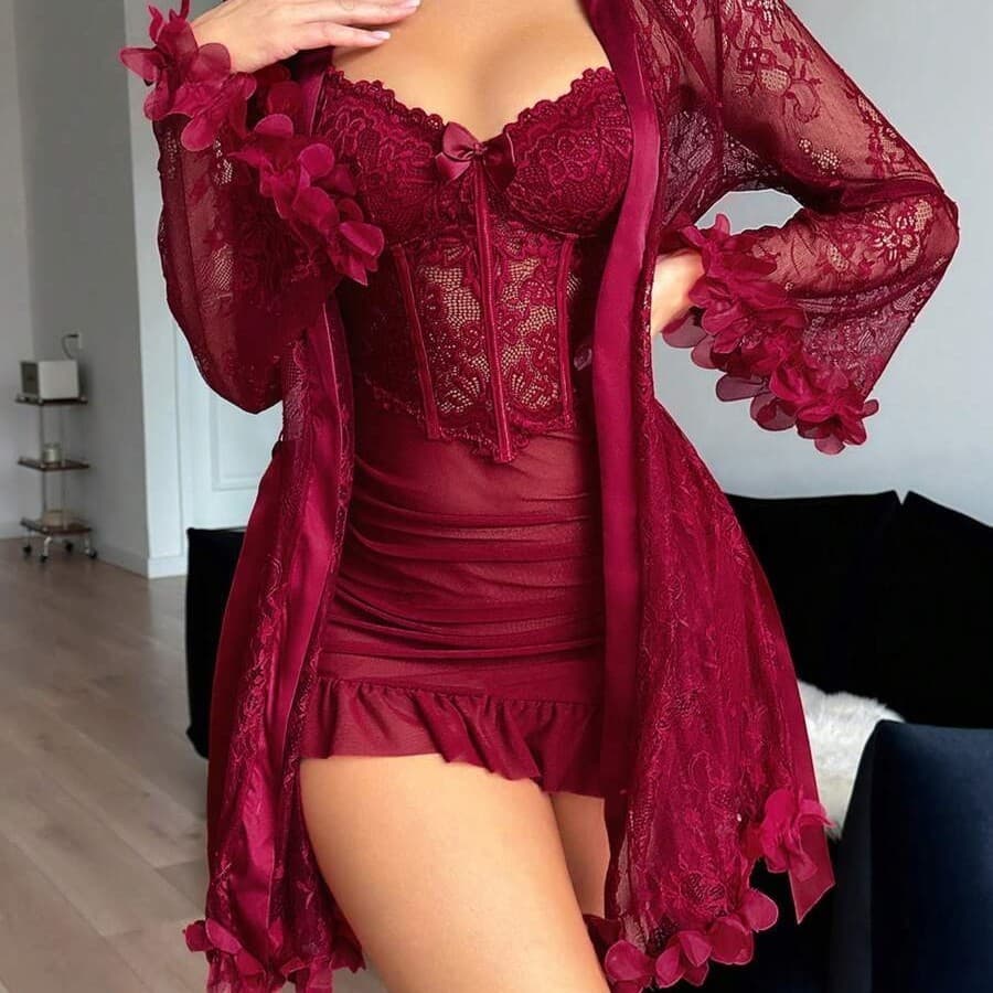 Imagem do produto Camisola e Robe Feminino Cetim Elegante Sexy Renda Gaze Conjunto de 2 Peças