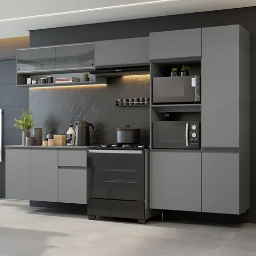 Imagem do produto Armário Cozinha Completa Modulada Suspensa com Balcão para Cooktop 300cm Cinza Nice Madesa GRNC3000073B